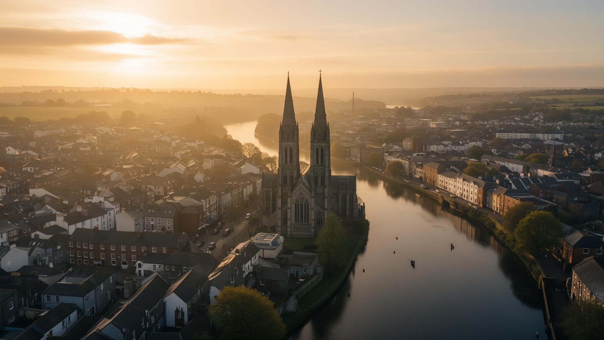 Aerial view of Cork city at golden hour