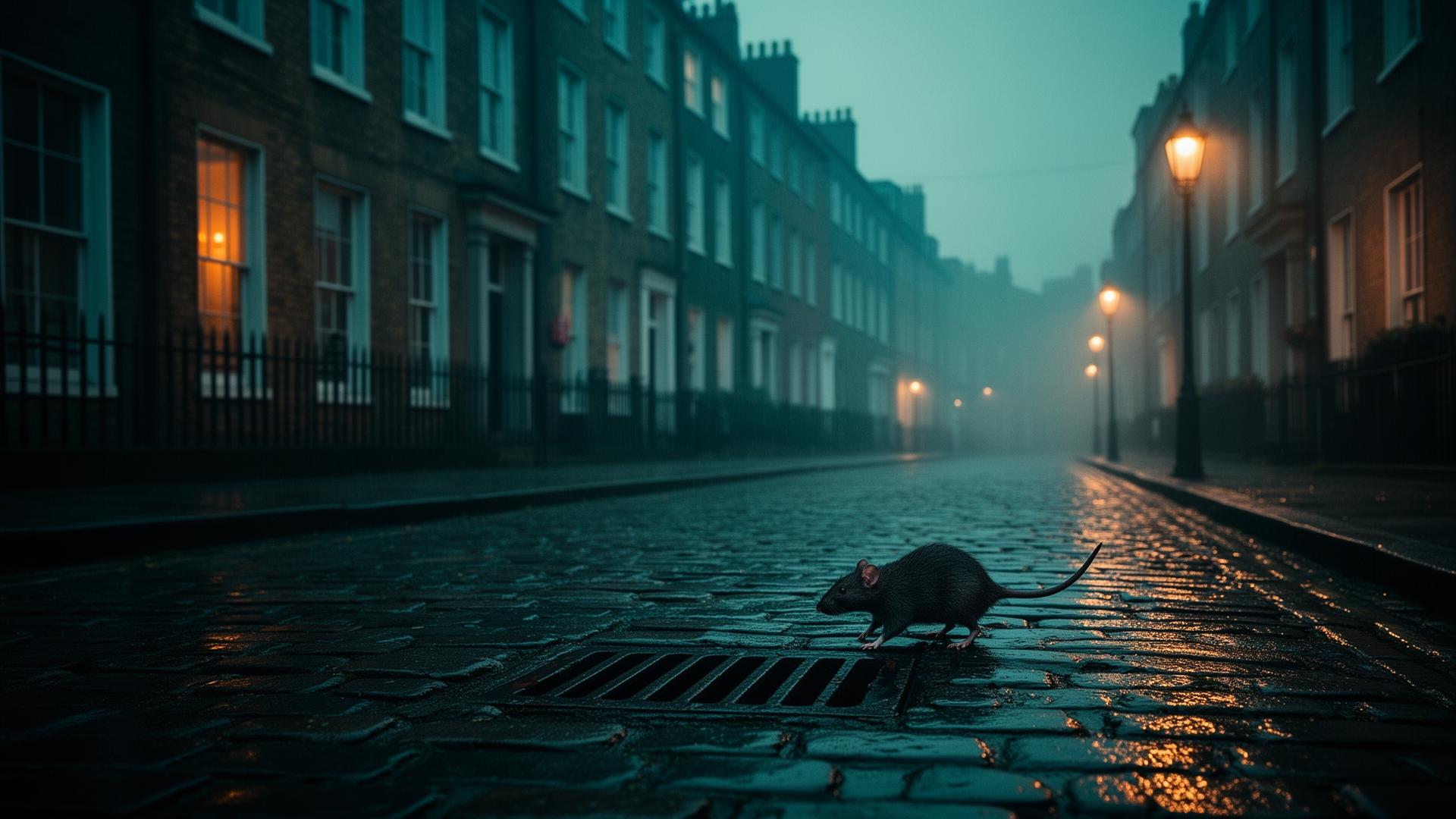 Rain-soaked Cork street at dusk where rats emerge from drains